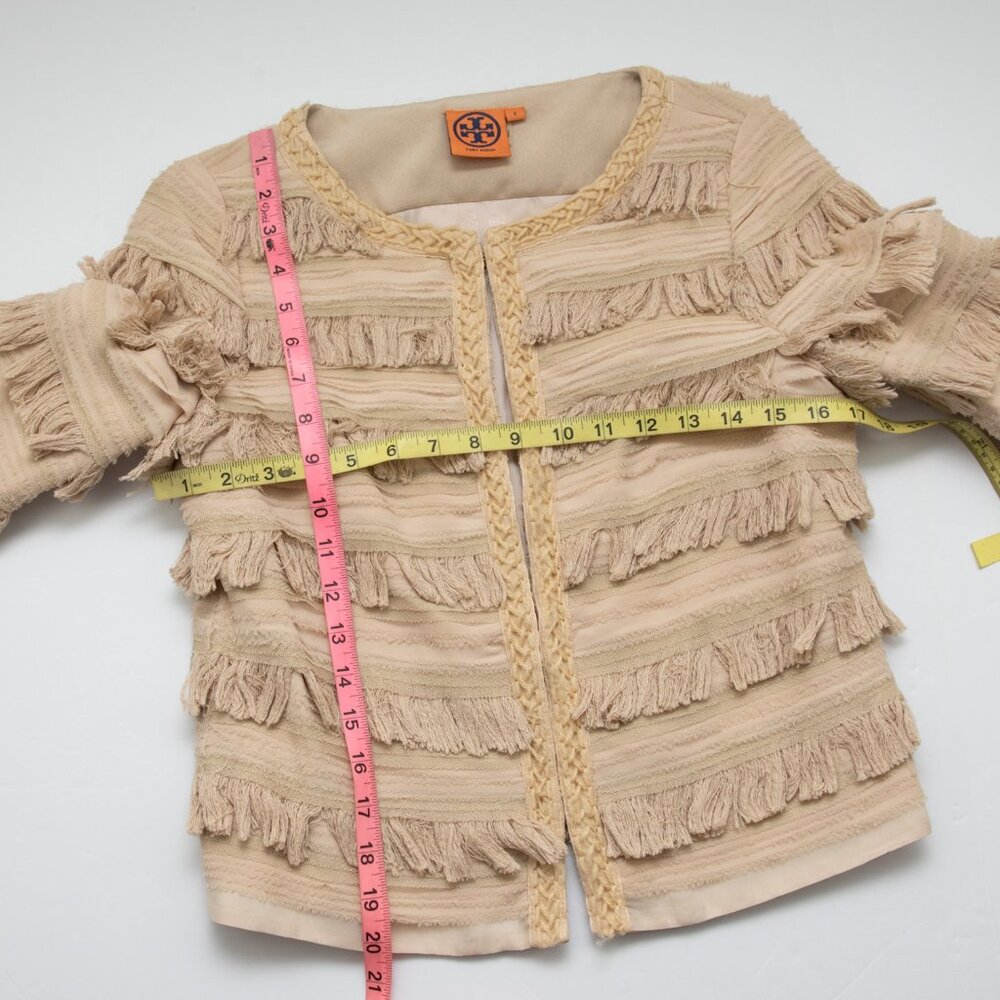 Tory Burch Julian Fringe Jacket Statement Coat Evening Silk Khaki Nude Size 2 - Picture 8 of 8